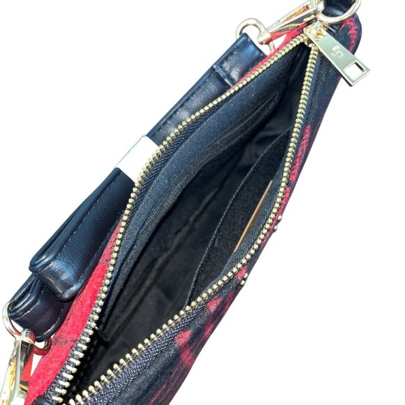 Bearpaw Red Multi Plaid Black Leather Accents Shoulder Evening Clutch Sz M - New - Picture 9 of 11